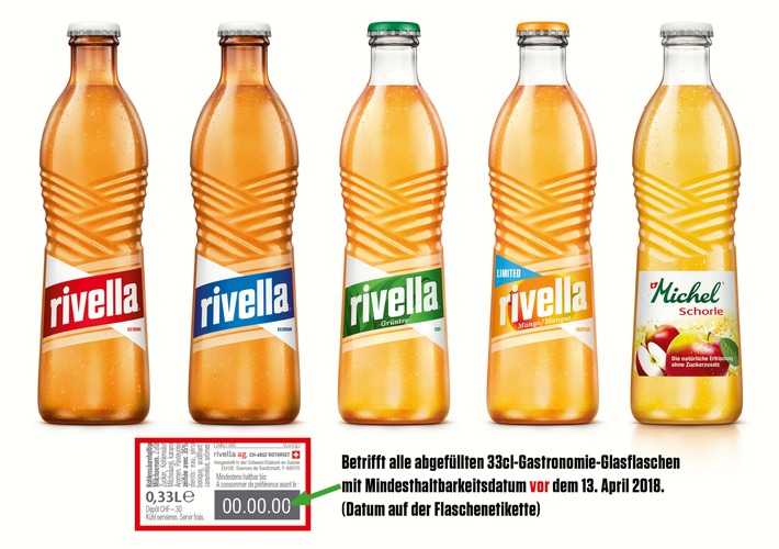 Rivella ruft ihre Gastronomie-Glasflaschen zurück - PET und Aludosen sind nicht betroffen / Produkterückruf nach Fund von Glasresten