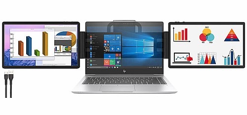 Laptop oder MacBook mit 2 zusätzlichen Bildschirmen erweitern: auvisio Tragbarer Dual-Monitor EZM-310.dual mit je 29,5 cm, Triple-Monitor-Extender, 15 Watt