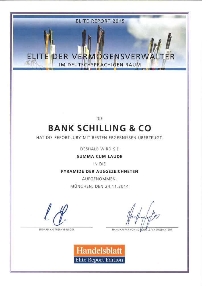 Elite Report 2015: Bank Schilling Top-Vermögensverwalter (FOTO)