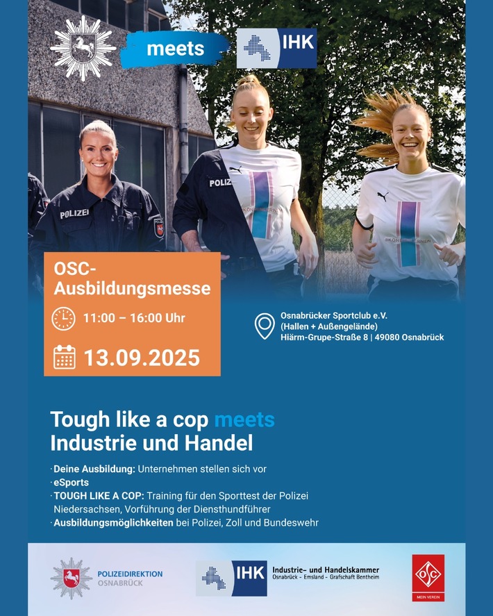 POL-OS: "Tough like a cop?" - Probiere es aus auf der Ausbildungsmesse beim Osnabrücker Sportclub am 13. September 2025, 11:00 - 16:00 Uhr