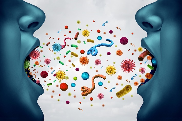Disease spreading medical concept and infectious illness spread hygiene symbol as people faces with open mouths with germ virus and bacteria airborne as a health care risk concept as contagious pathogens danger with 3D illustration elements. / Weiterer Text über ots und www.presseportal.de/nr/155566 / Die Verwendung dieses Bildes ist für redaktionelle Zwecke unter Beachtung ggf. genannter Nutzungsbedingungen honorarfrei. Veröffentlichung bitte mit Bildrechte-Hinweis.