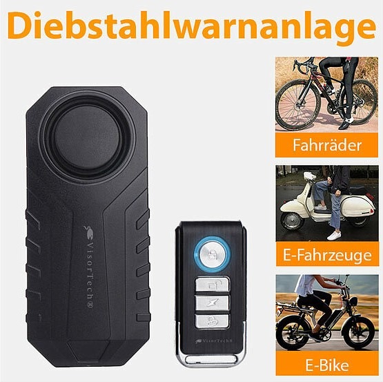 Diebstahlwarnanlage für Auto, E-Bike, E-Scooter, Motorrad und Co.: VisorTech Ultrakompakter Anti-Diebstahl-Alarm für Auto und Fahrrad mit 113 dB