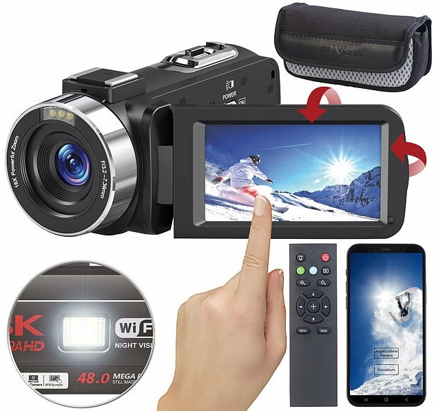 Camcorder auch per Smartphone und App steuern: Somikon 8K-UHD-WLAN-Camcorder DV-910.uhd, IPS-Touchdisplay, 48 MP, 18-facher Zoom, App