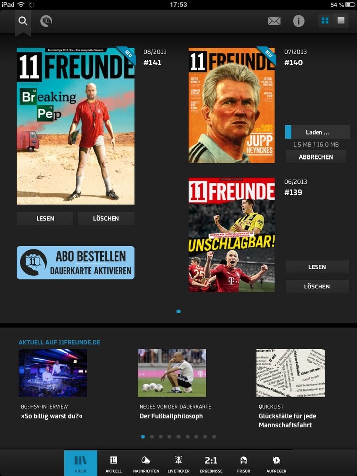 Pünktlich zum Bundesliga-Start: Die neue 11FREUNDE-App für iPad und iPhone ist da / Alle neuen Ausgaben des Magazins für Fußballkultur sind ab sofort digital erhältlich