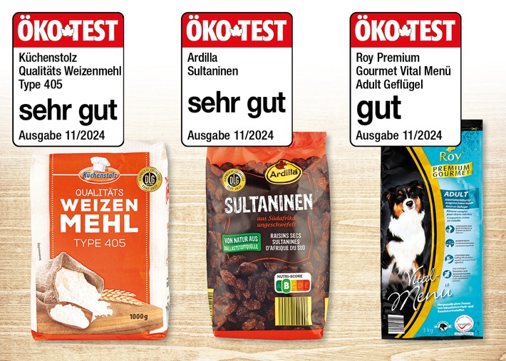 Top Bewertungen in der Novemberausgabe des Magazins Ökotest - sehr gut und gut - von Mehl und Rosinen bis Hundefutter / 3-fach Auszeichnung beim Lebensmittel-Discounter NORMA im November 2024