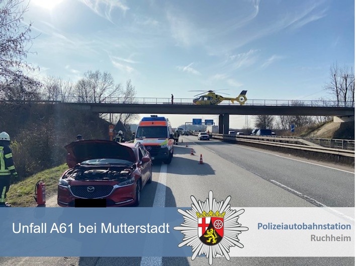 POL-PDNW: Polizeiautobahnstation Ruchheim - Auffahrunfall mit 3 Fahrzeugen und einer leichtverletzten Person auf der A61 Richtung Koblenz, bei Mutterstadt