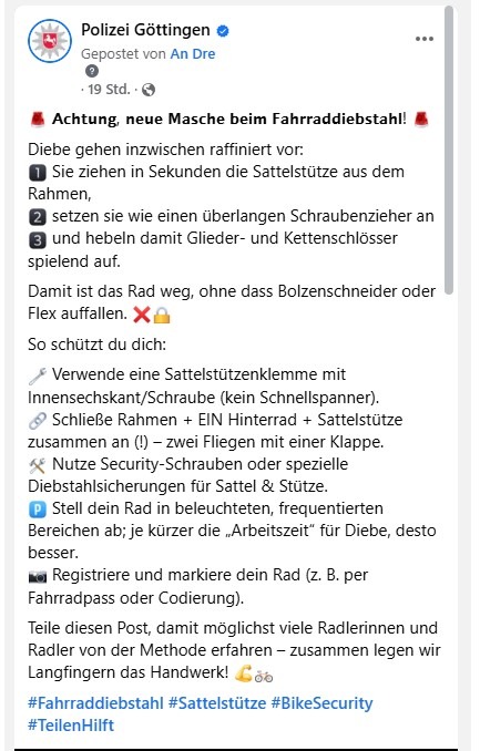 POL-GÖ: (212/2025) Fahrraddiebstähle in Göttingen: Kontrollen, Prävention bei Social Media und Infotische - Eine Zwischenbilanz