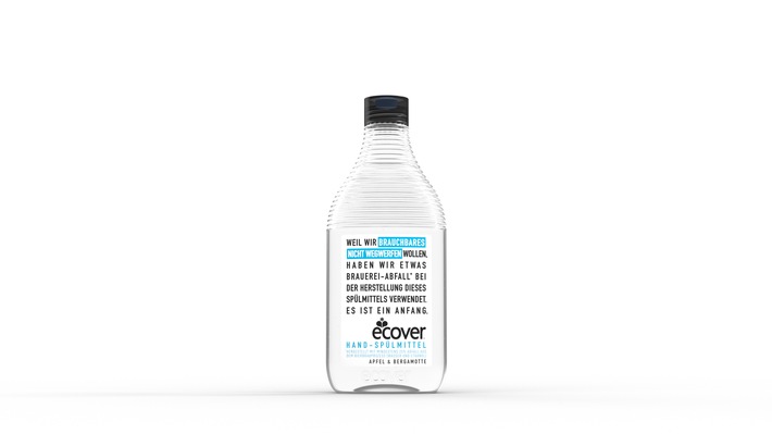 Ecover präsentiert Hand-Spülmittel mit 25 % Abfallstoffen aus dem Bierbrauprozess (Wasser und Ethanol) als Zeichen gegen die Wegwerfkultur