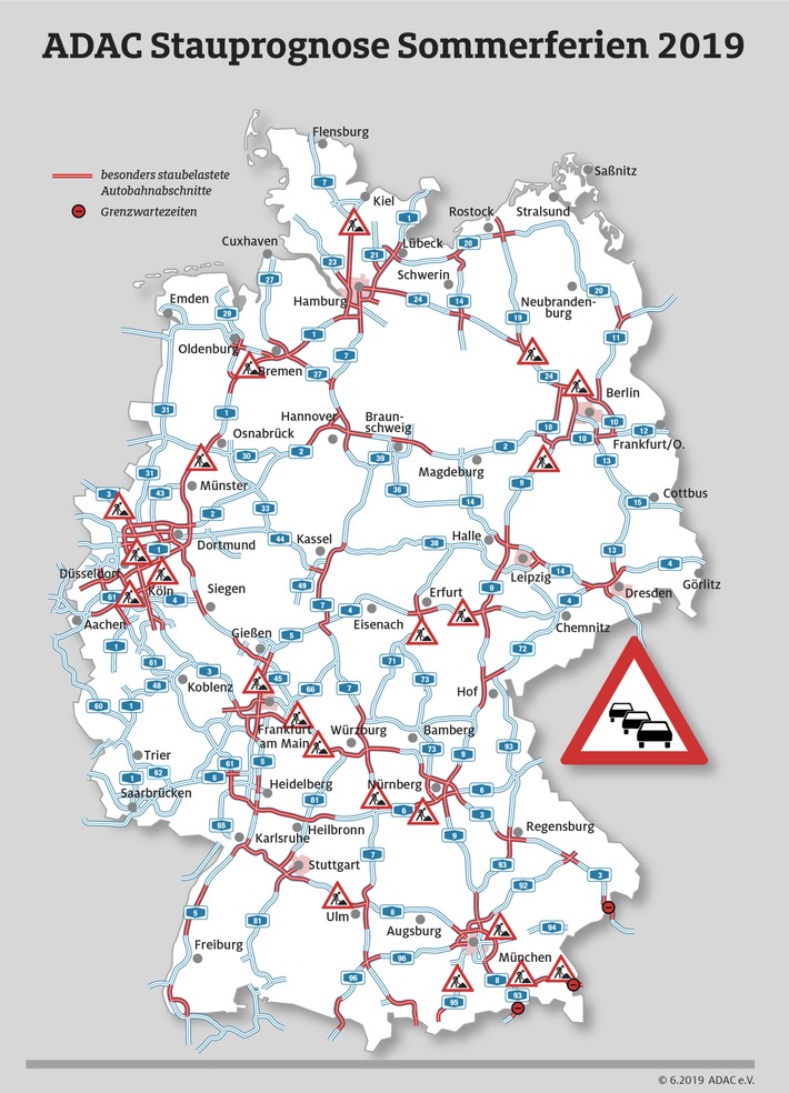 Großes Gedränge auf den Autobahnen / Pfingst-, Kurz- und Sommerurlauber treffen aufeinander / ADAC Stauprognose für 19. bis 23. Juni