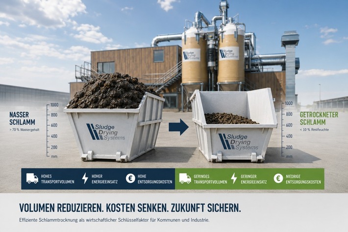Symbolische Darstellung der Volumenreduzierung durch SDS-Schlammtrocknung (nicht maßstabsgetreu) / Weiterer Text über ots und www.presseportal.de/nr/179333 / Die Verwendung dieses Bildes für redaktionelle Zwecke ist unter Beachtung aller mitgeteilten Nutzungsbedingungen zulässig und dann auch honorarfrei. Veröffentlichung ausschließlich mit Bildrechte-Hinweis.