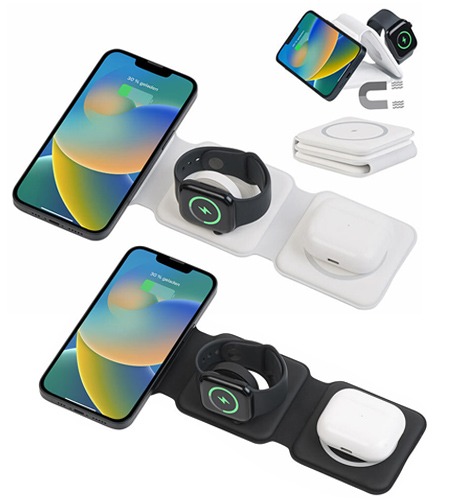 iPhone, Apple Watch und AirPods gleichzeitig kabellos aufladen: Callstel 3in1-Ladestation für iPhone, AirPods, Apple Watch, MagSafe- und Qi-kompatibel, weiss und schwarz