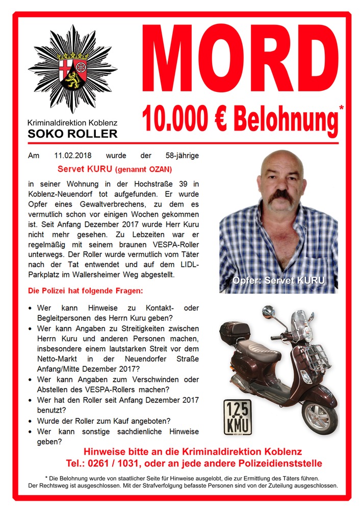 POL-PPKO: Koblenz: Tötungsdelikt in Koblenz - Kripo richtet Soko &quot;Roller&quot; ein