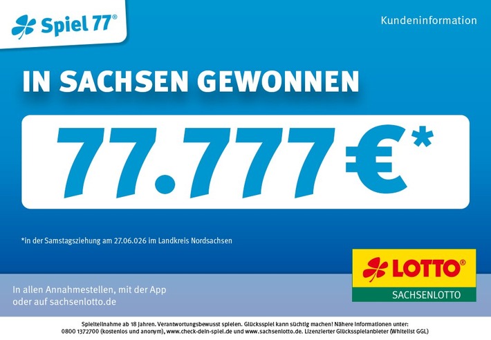 Erneut bei Spiel 77 gewonnen: 77.777 Euro gehen in den Landkreis Nordsachsen