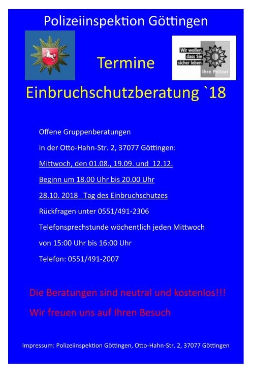 POL-GÖ: (248/2018) Beratungsoffensive für wirksamen Einbruchschutz - Nächste kostenlose Veranstaltung am 16. Mai 2018 in Göttingen-Weende, Anmeldung nicht erforderlich!