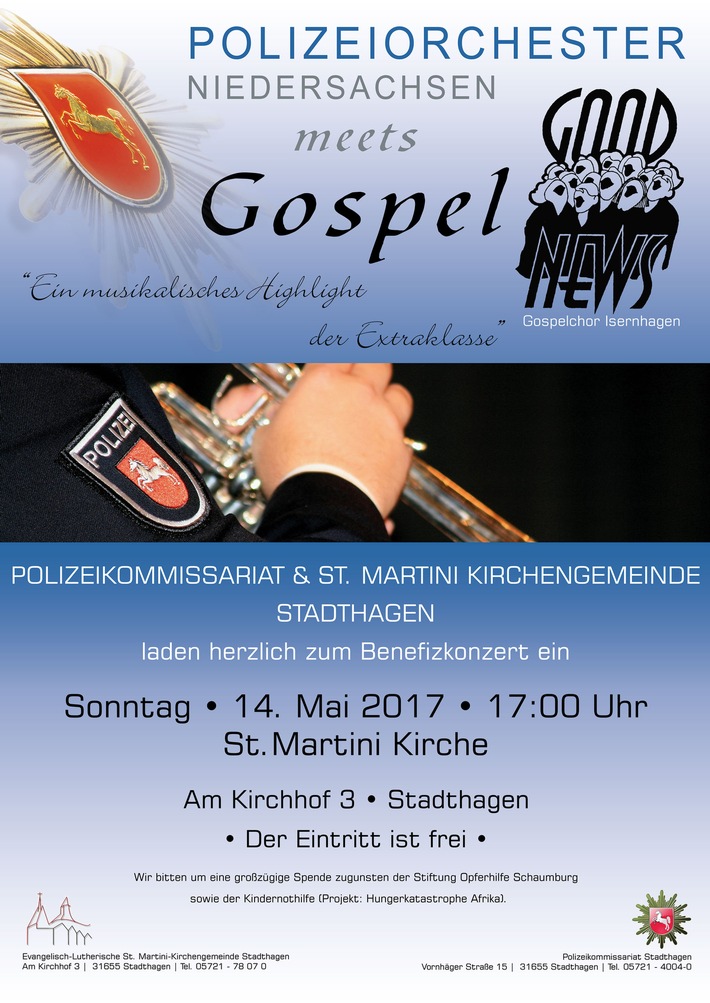 POL-NI: Stadthagen-Polizeiorchester mit Gospelchor am Muttertag  in der Martinikirche