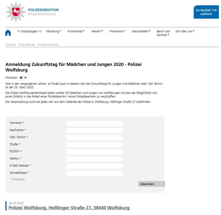 POL-WOB: Zukunftstag 2020 bei der Polizei Wolfsburg