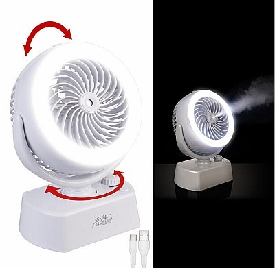 Kühle Brise und Licht im Dunkeln: ​Sichler Haushaltsgeräte Akku-Tisch-Ventilator & Vernebler VT-26.T, Oszilation, LED-Ring, 1.200mAh