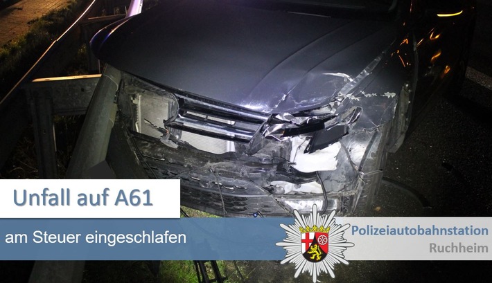 POL-PDNW: Polizeiautobahnstation Ruchheim - Unfall A 61 - VW Fahrer am Steuer eingeschlafen