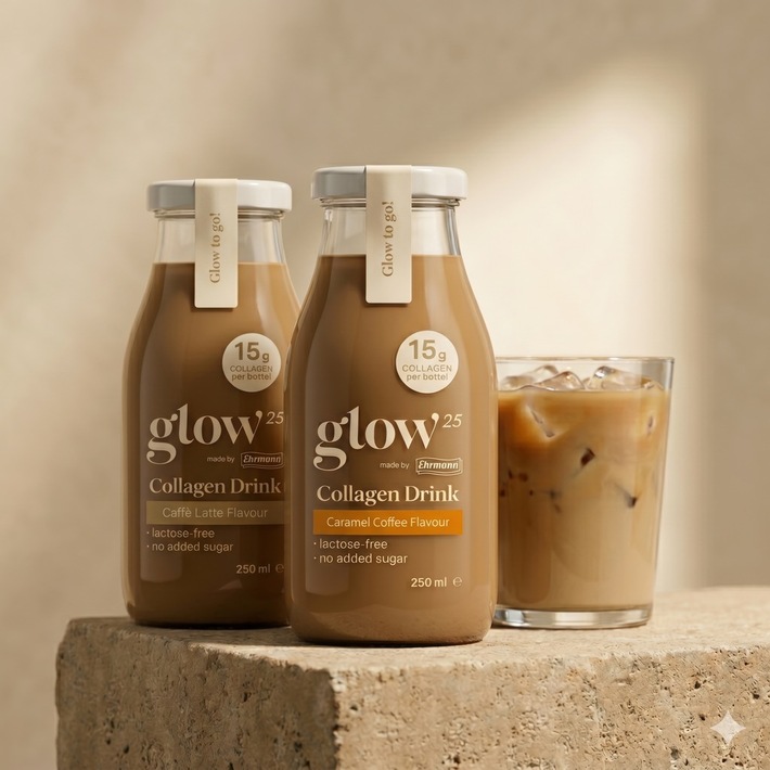 Glow25 und Ehrmann bringen Glow To Go Coffee in den Handel: trinkfertiges Kaffeegetränk mit zugesetztem Kollagen