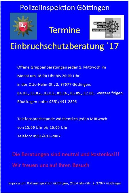 POL-GÖ: (335/2017) &quot;Beratungsoffensive für wirksamen Einbruchschutz&quot;  - Polizei gibt kostenlose Tipps, Infoveranstaltungen am 7. Juni in Göttingen und am 15. Juni in Duderstadt, Voranmeldungen erbeten!