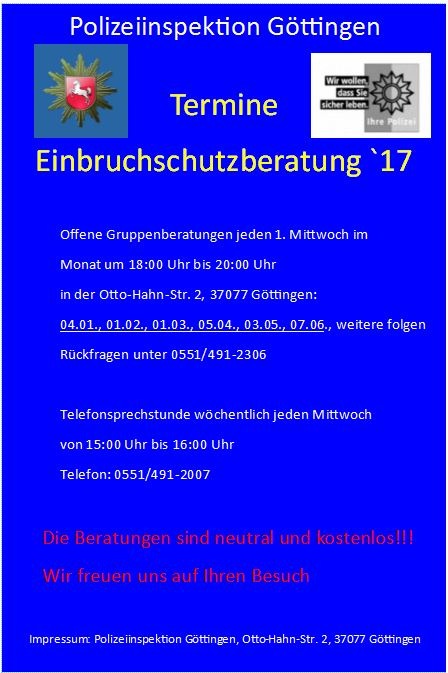 POL-GÖ: (335/2017) "Beratungsoffensive für wirksamen Einbruchschutz"  - Polizei gibt kostenlose Tipps, Infoveranstaltungen am 7. Juni in Göttingen und am 15. Juni in Duderstadt, Voranmeldungen erbeten!