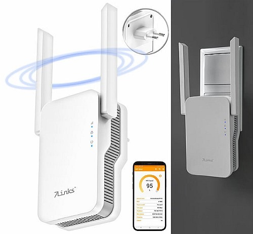 Erhöhung der WLAN-Reichweite und Höchstgeschwindigkeit im ganzen Haus: 7links WiFi-6-Dualband-Repeater WLR-3000.ax, bis 3.000 MBit/s, WLAN-Mesh, WPS, LAN-Port