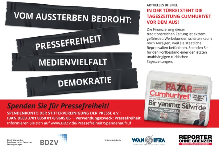 Zum Internationalen Tag der Pressefreiheit / Spendenaufruf für unabhängige türkische Tageszeitung "Cumhuriyet"