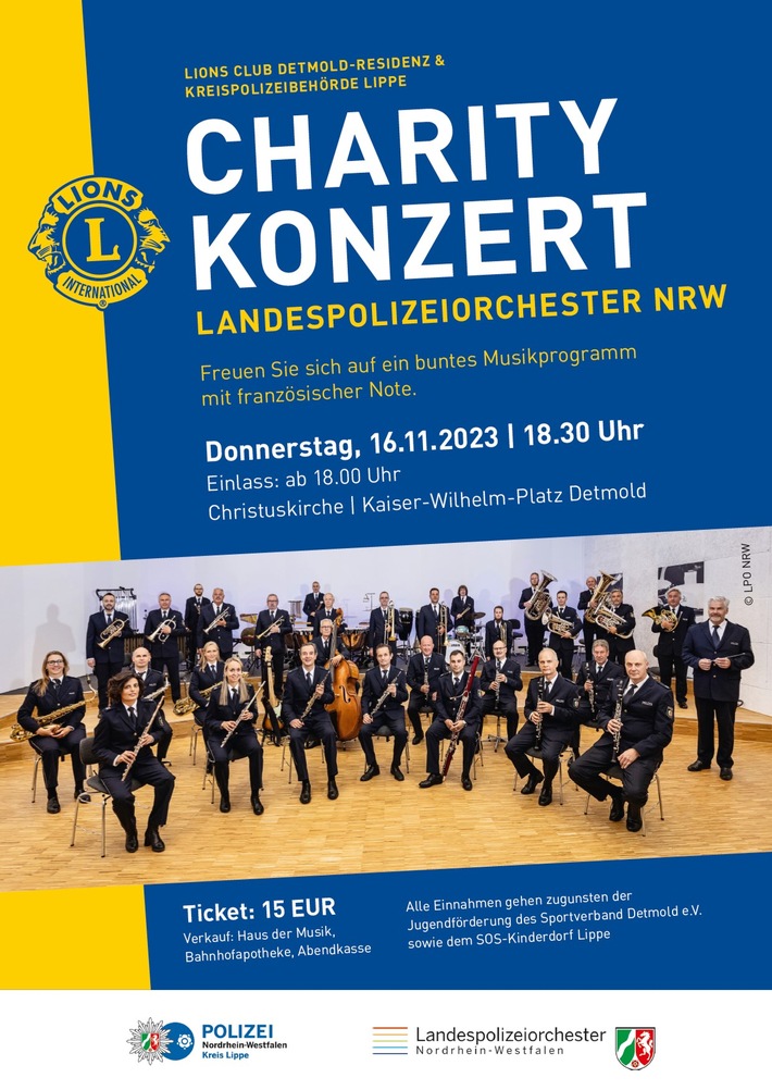 POL-LIP: Kreis Lippe/Detmold. Charity-Konzert mit Landespolizeiorchester NRW zugunsten von Kindern und Jugendlichen in Lippe.