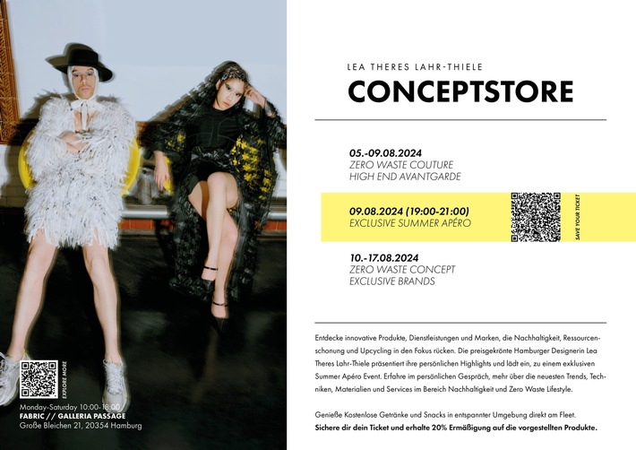 Einladung zum exklusiven Design Talk und ZERO WASTE SUMMER Conceptstore im FABRIC, Future Fashion Lab, in der Galeriapassage Hamburg vom 05. – 17. August 2024