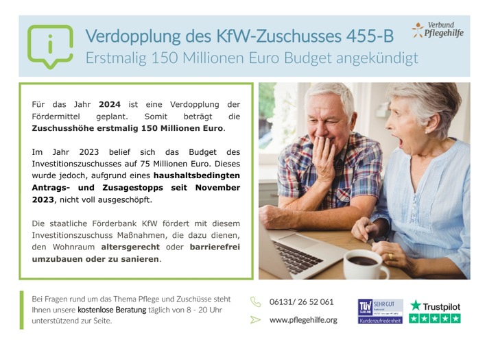 Mehr Geld für Ihr altersgerechtes Zuhause: Mit 150 Millionen Euro eine Verdopplung des KfW-Zuschusses für Privathaushalte angekündigt