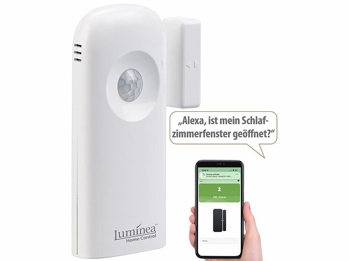 Warnt weltweit bei offenem Fenster bzw. offener Tür und Bewegung: Luminea Home Control Smarter 2in1-WLAN-Tür-/Fenstersensor XMD-108.duo und PIR-Sensor, App, Sprachbefehl