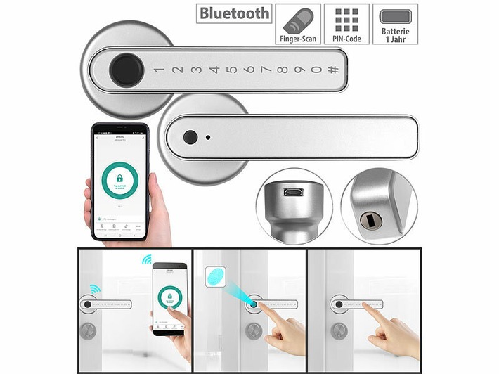 VisorTech Sicherheits-Türbeschlag TSZ-800 mit Fingerabdruck-Scanner, PIN & App, silber oder schwarz: Der smarte Türbeschlag - die Tür per Fingerabdruck, PIN und App öffnen