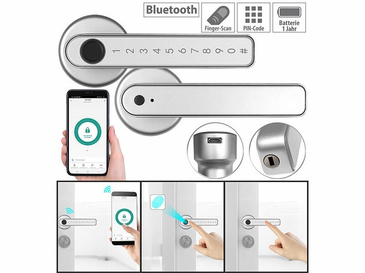 VisorTech Sicherheits-Türbeschlag TSZ-800 mit Fingerabdruck-Scanner, PIN &amp; App, silber oder schwarz: Der smarte Türbeschlag - die Tür per Fingerabdruck, PIN und App öffnen