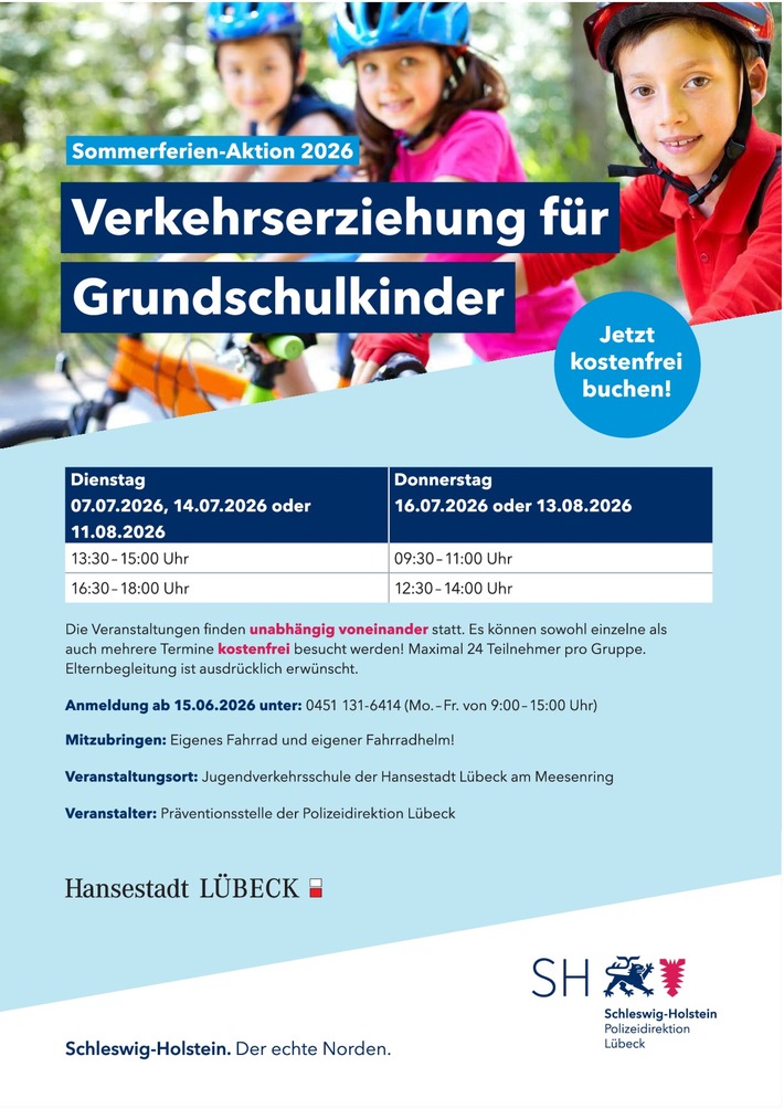 POL-HL: Lübeck - St. Gertrud / Sommerferien-Aktion 2026: Verkehrserziehung für Grundschulkinder