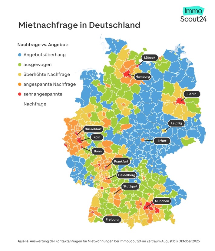 Deutschlandkarte der Mietnachfrage: Über die Hälfte des deutschen Mietmarktes ohne Nachfrageüberhang