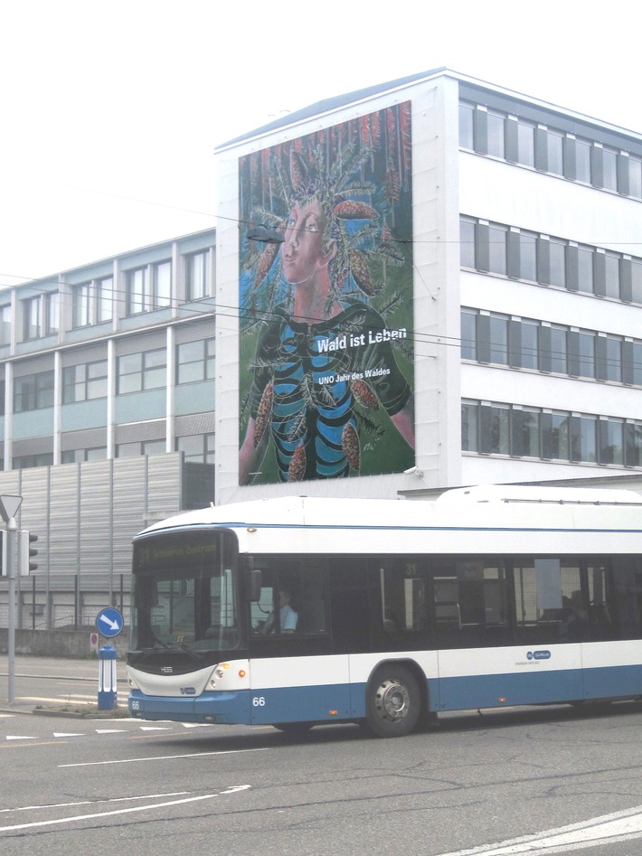 Medien-Einladung zur Präsentation des Mega-Posters (12x9m) "Wald ist Leben" von und mit Hans Erni / "Wald ist Leben" - der umweltpolitische Beitrag Erni