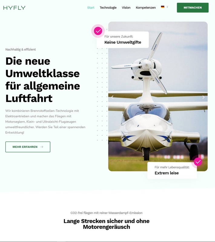 PRESSEMELDUNG: Keine CO2 Emission, kein Motorenlärm - Fliegen mit Wasserstoff-Elektro-Antrieb "Made in Germany"