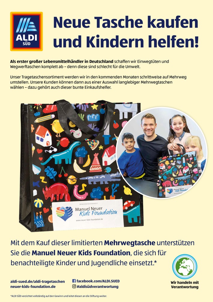 ALDI SÜD Einkaufstaschen für den guten Zweck / Zweite ALDI SÜD Taschenaktion zur Unterstützung der Manuel Neuer Stiftung / Neues Kinder- und Jugendhaus in München geplant