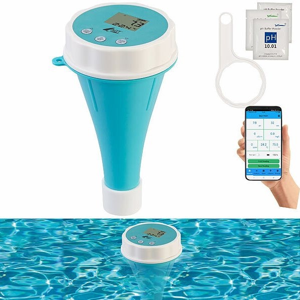 AGT Digitaler 6in1-Wassertester, Bluetooth 5.2, Echtzeit-Monitoring, App: Wasserqualität &amp; -temperatur von Pool &amp; Co. in Echtzeit überwachen