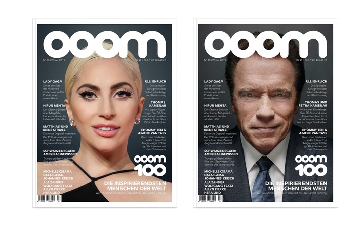BILD zu OTS - Die aktuelle OOOM-Ausgabe mit dem OOOM 100-Ranking erscheint gleich mit zwei Covers im Handel: Lady Gaga und Arnold Schwarzenegger.