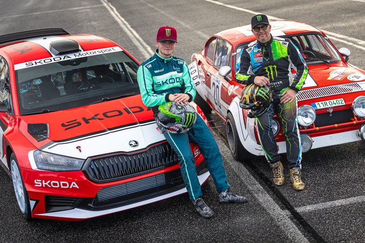 Früherer FIA Rallye-Weltmeister Petter Solberg und sein Sohn Oliver testen den legendären Škoda 200 RS