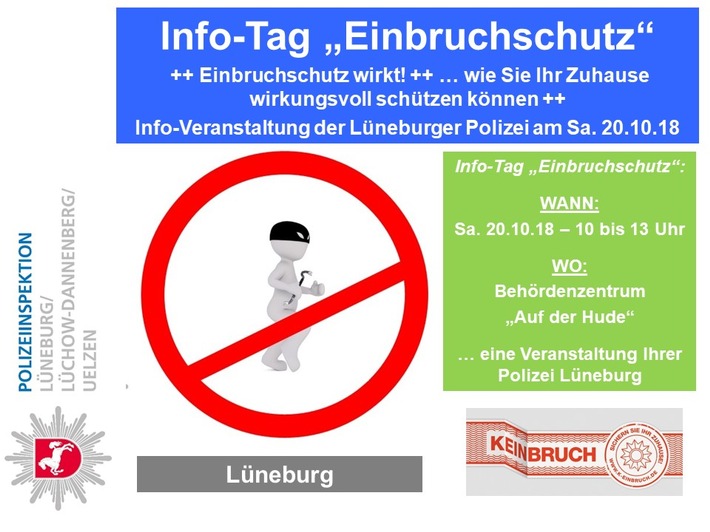 POL-LG: ++ Save the date ++ Info-Tag &quot;Einbruchschutz&quot; der Polizei Lüneburg ++ am Samstag, 20.10.18 - 10 bis 13 Uhr im BHZ Auf der Hude ++