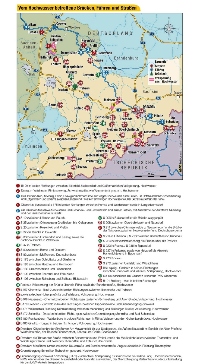 Hochwasserschäden in Ostdeutschland / Der ADAC zeigt, welche Strecken
betroffen sind