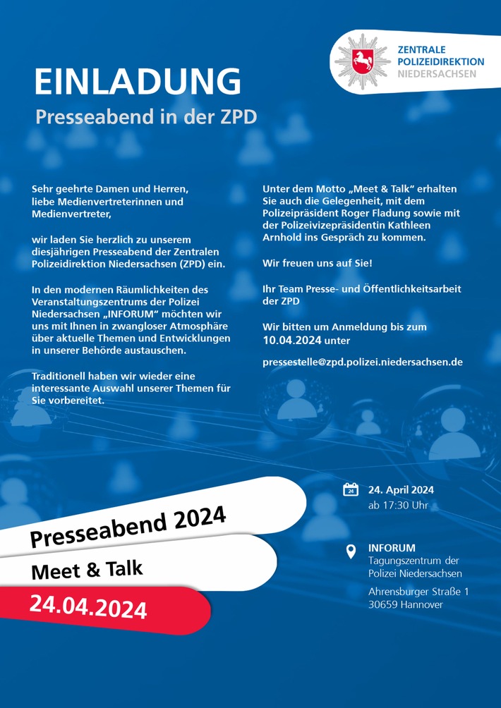 ZPD-H: Einladung zum Presseabend der Zentralen Polizeidirektion Niedersachsen am 24.04.2024(für Film- und Fernsehraufnahmen geeignet)