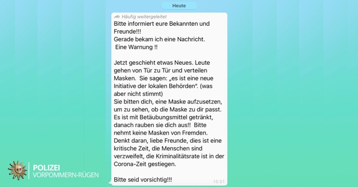 POL-HST: Kettenbrief warnt vor vermeintlichen Betrügern mit betäubungsmittelversetzten Masken