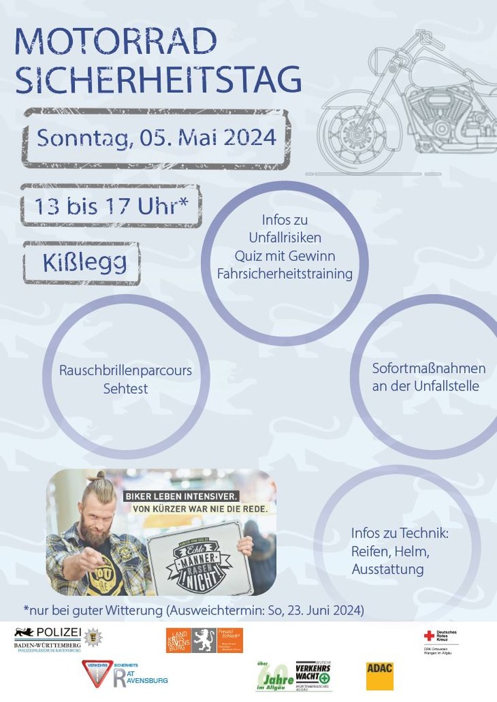 PP Ravensburg: &quot;Vision Zero&quot;: Motorradsicherheitsaktion &quot;Bikers Welcome&quot; am Sonntag, 05.05.24, in Kißlegg