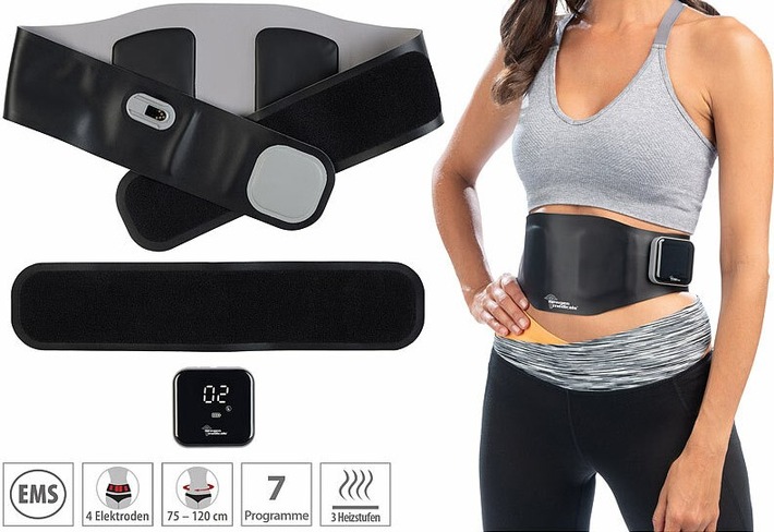 Bauchmuskelbewegung fördern: newgen medicals 2in1-Akku-Bauchmuskeltrainer-Gürtel mit EMS-Technologie & Heizfunktion