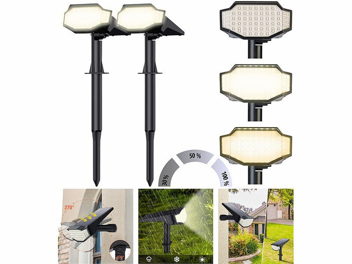 Luminea 2er-Set High-Power-Solar-LED-Gartenspots, 650 lm, IP65, warmweiß oder tageslichtweiß: Automatisch helles Licht rund ums Haus - für mehr Sicherheit und gute Sicht