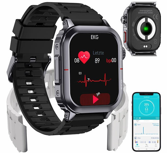 Smarter Fitness-Begleiter: newgen medicals Fitness-Smartwatch SW-490 mit EKG-, Herzfrequenz- und Blutdruck-Anzeige