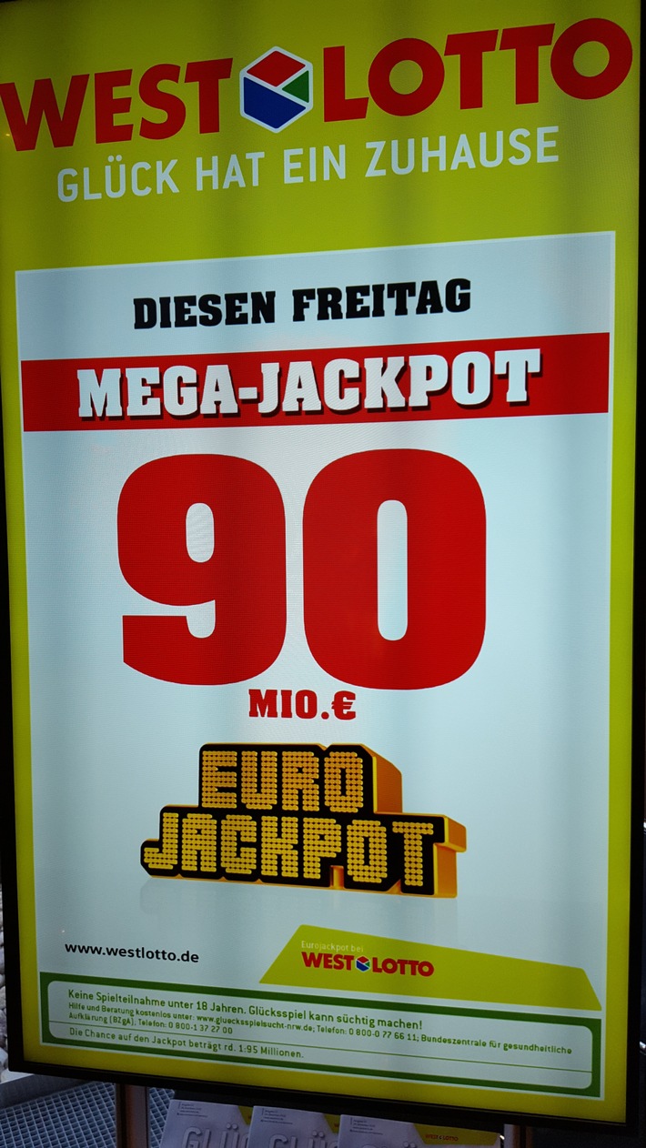 Mega-Jackpot von 90 Millionen Euro wartet

Gleich 15 Großgewinne bei der heutigen Ziehung